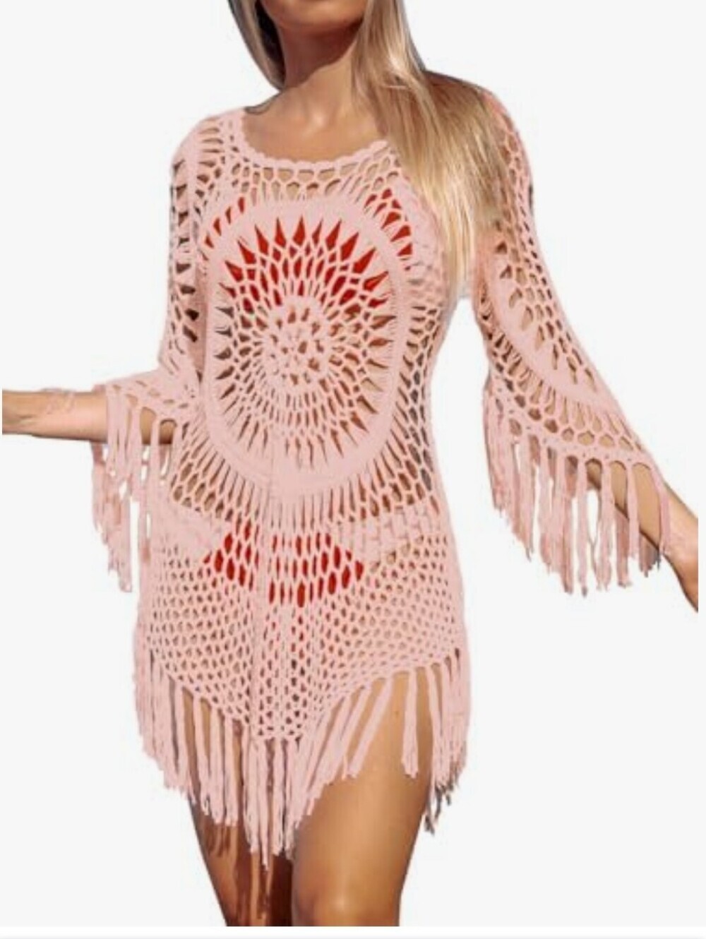 Cupshe Crochet Cover-Up Open-knit Fringed Hollow Out Tassel Small 3/4 Sleeves